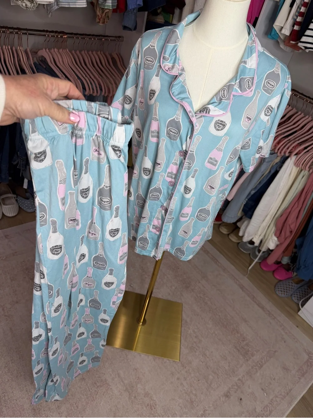 munki munki Light Blue and Pink Champagne Bottle Pajama Set